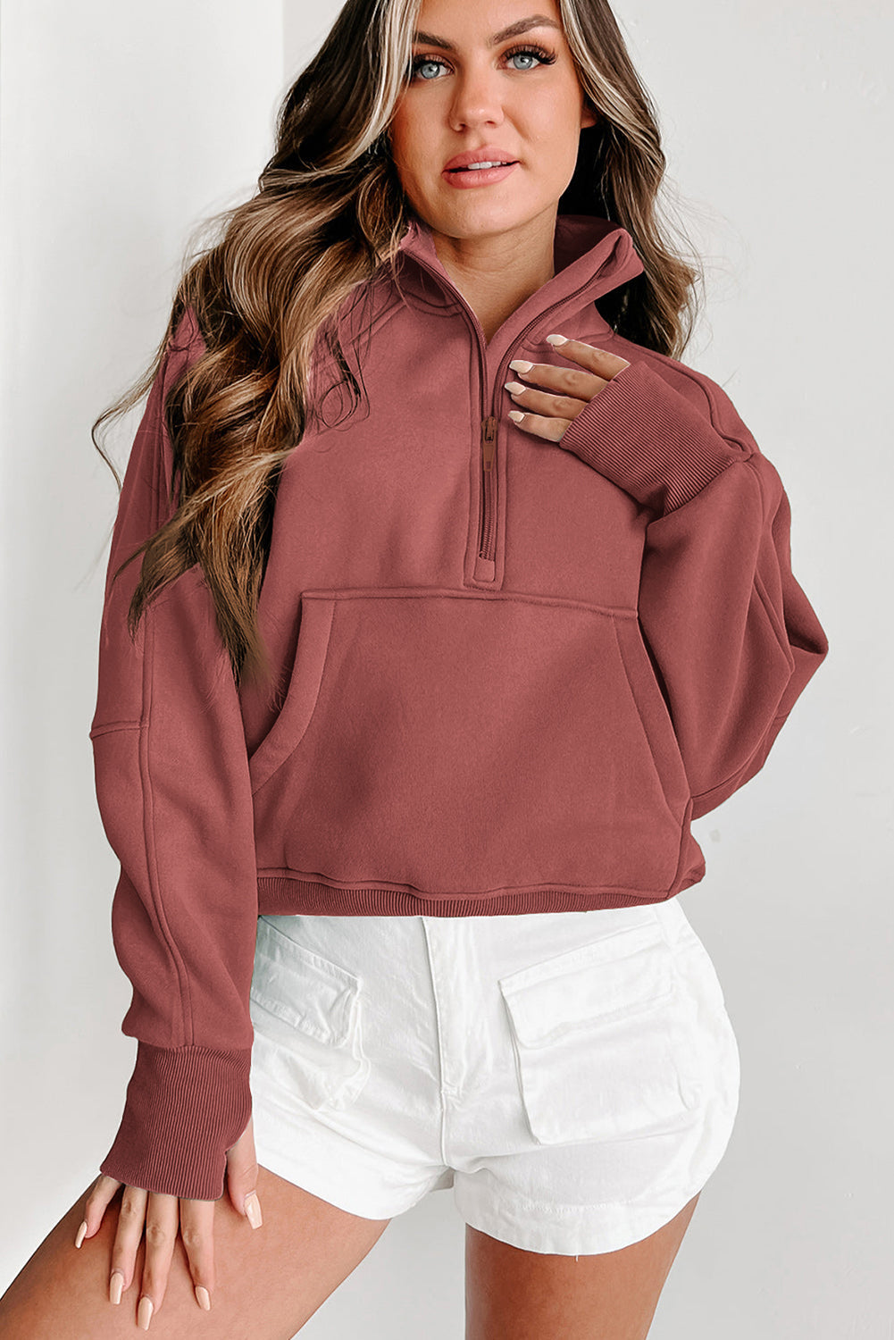 Bruin dames sweatshirt met rits – Elara zip-up trui met hoge kraag en duimgaten
