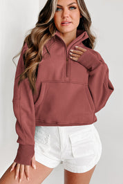 Bruin dames sweatshirt met rits – Elara zip-up trui met hoge kraag en duimgaten