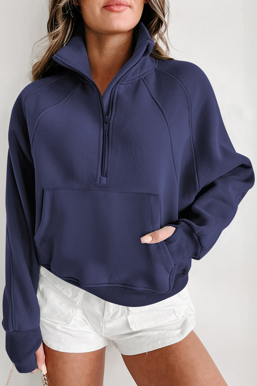 Bruin dames sweatshirt met rits – Elara zip-up trui met hoge kraag en duimgaten