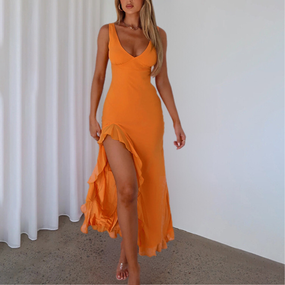 Dames Maxi Avondjurk V-hals Ruches Zoom Mouwloos Zomer - Geel / Roze / Oranje - Maelen