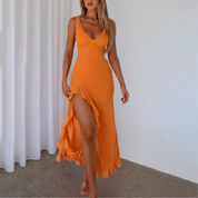 Dames Maxi Avondjurk V-hals Ruches Zoom Mouwloos Zomer - Geel / Roze / Oranje - Maelen