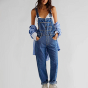Rina Denim jumpsuit dames – spijker overall met gekruiste rug en comfortabele pasvorm