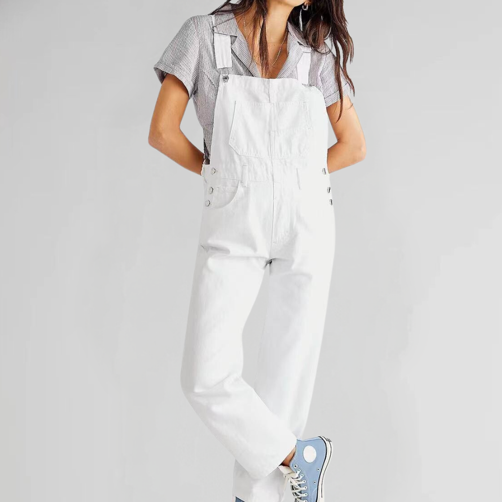 Rina Denim jumpsuit dames – spijker overall met gekruiste rug en comfortabele pasvorm
