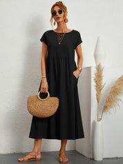 Casual Jurk Dames Ronde Hals Korte Mouwen A-lijn Midi - Wit / Zwart / Donkerblauw - Maelen