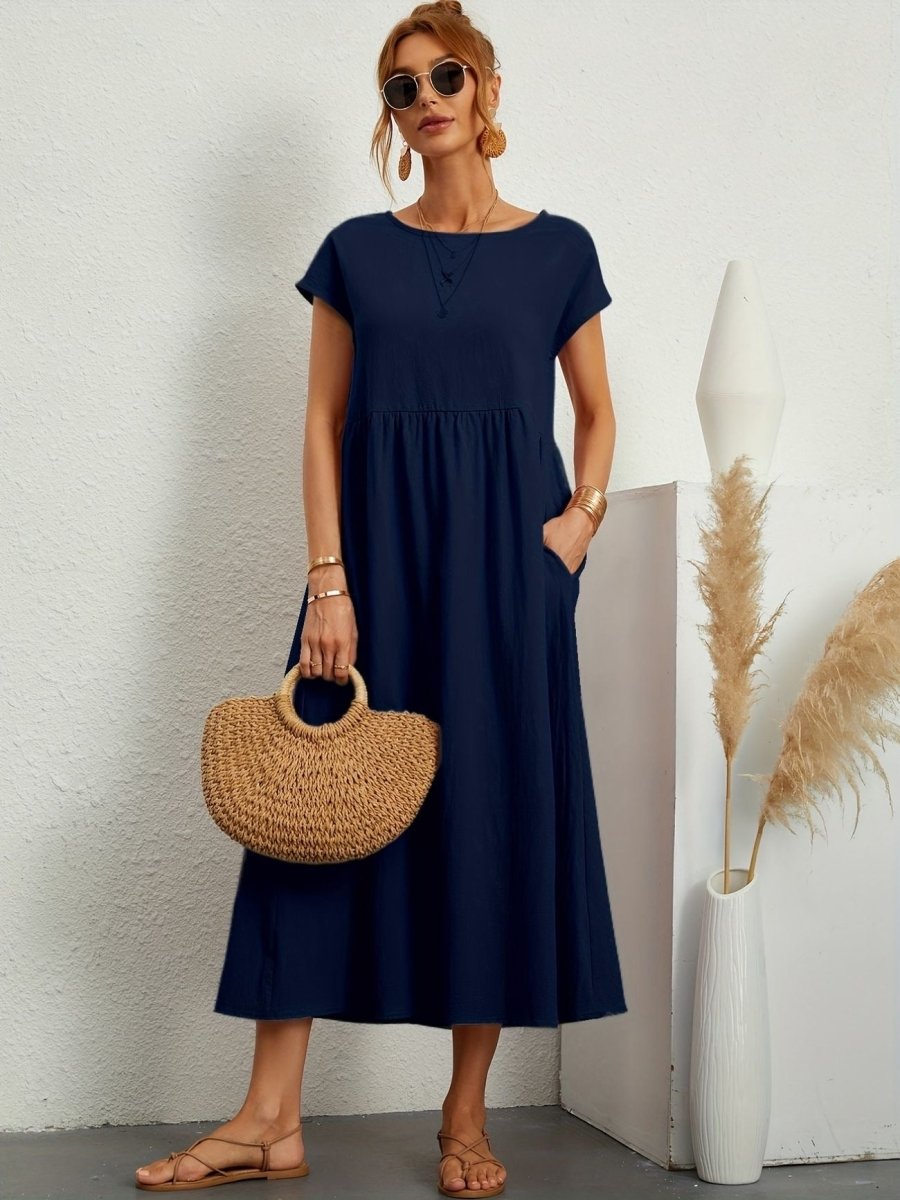 Casual Jurk Dames Ronde Hals Korte Mouwen A-lijn Midi - Wit / Zwart / Donkerblauw - Maelen