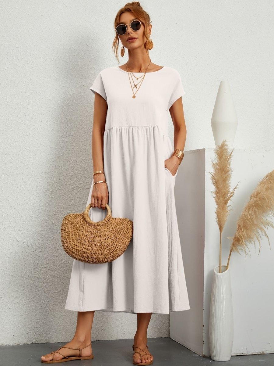 Casual Jurk Dames Ronde Hals Korte Mouwen A-lijn Midi - Wit / Zwart / Donkerblauw - Maelen
