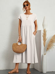Casual Jurk Dames Ronde Hals Korte Mouwen A-lijn Midi - Wit / Zwart / Donkerblauw - Maelen