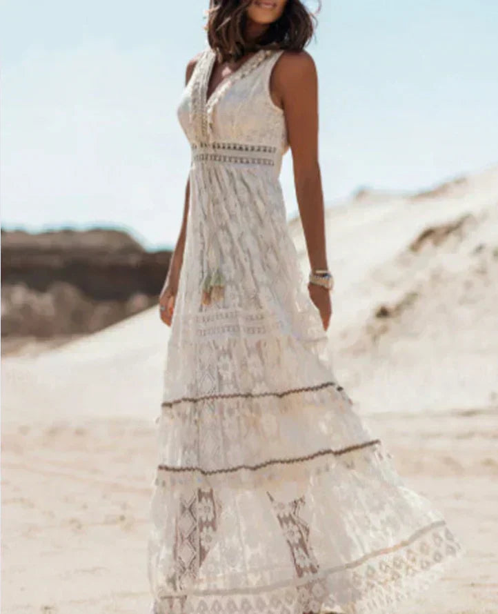 Dames Boho Kantjurk Maxi V-hals Mouwloos A-lijn Split Zomer - Wit / Beige - Maelen