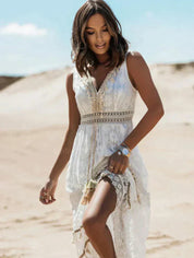 Dames Boho Kantjurk Maxi V-hals Mouwloos A-lijn Split Zomer - Wit / Beige - Maelen