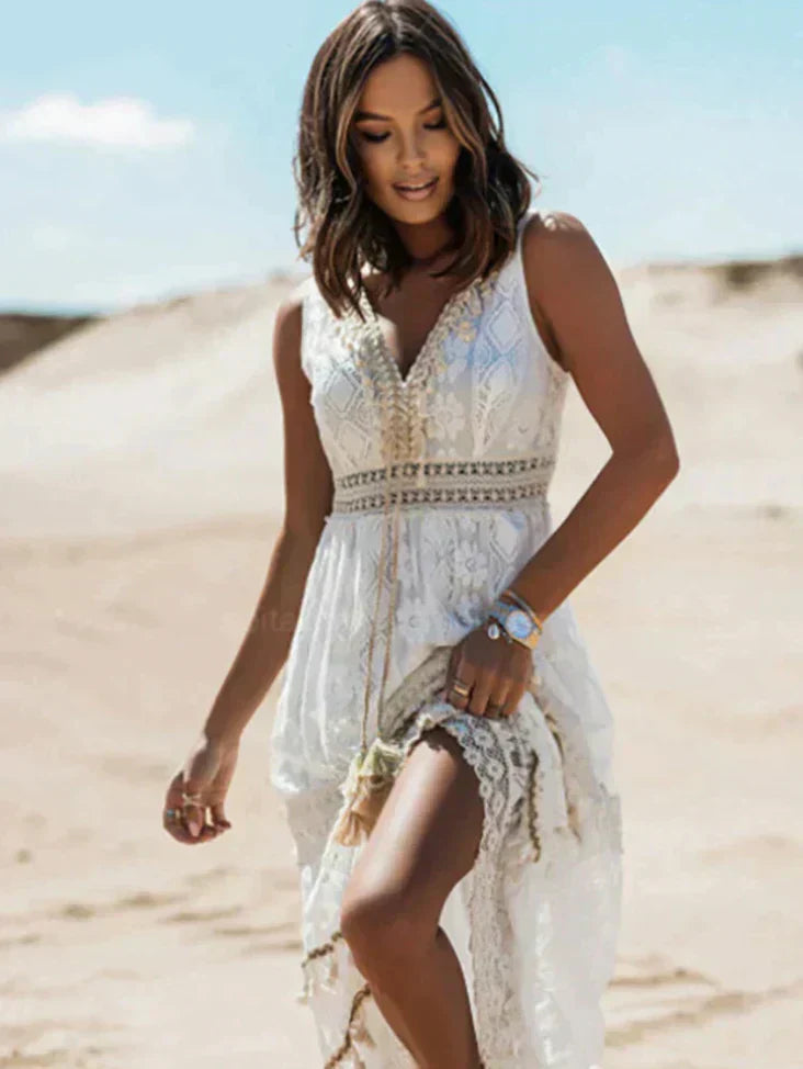 Dames Boho Kantjurk Maxi V-hals Mouwloos A-lijn Split Zomer - Wit / Beige - Maelen