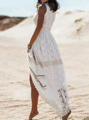 Dames Boho Kantjurk Maxi V-hals Mouwloos A-lijn Split Zomer - Wit / Beige - Maelen