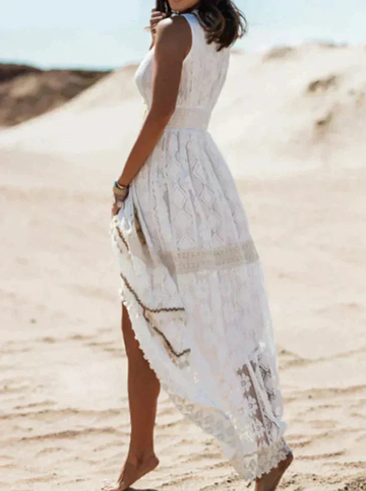 Dames Boho Kantjurk Maxi V-hals Mouwloos A-lijn Split Zomer - Wit / Beige - Maelen