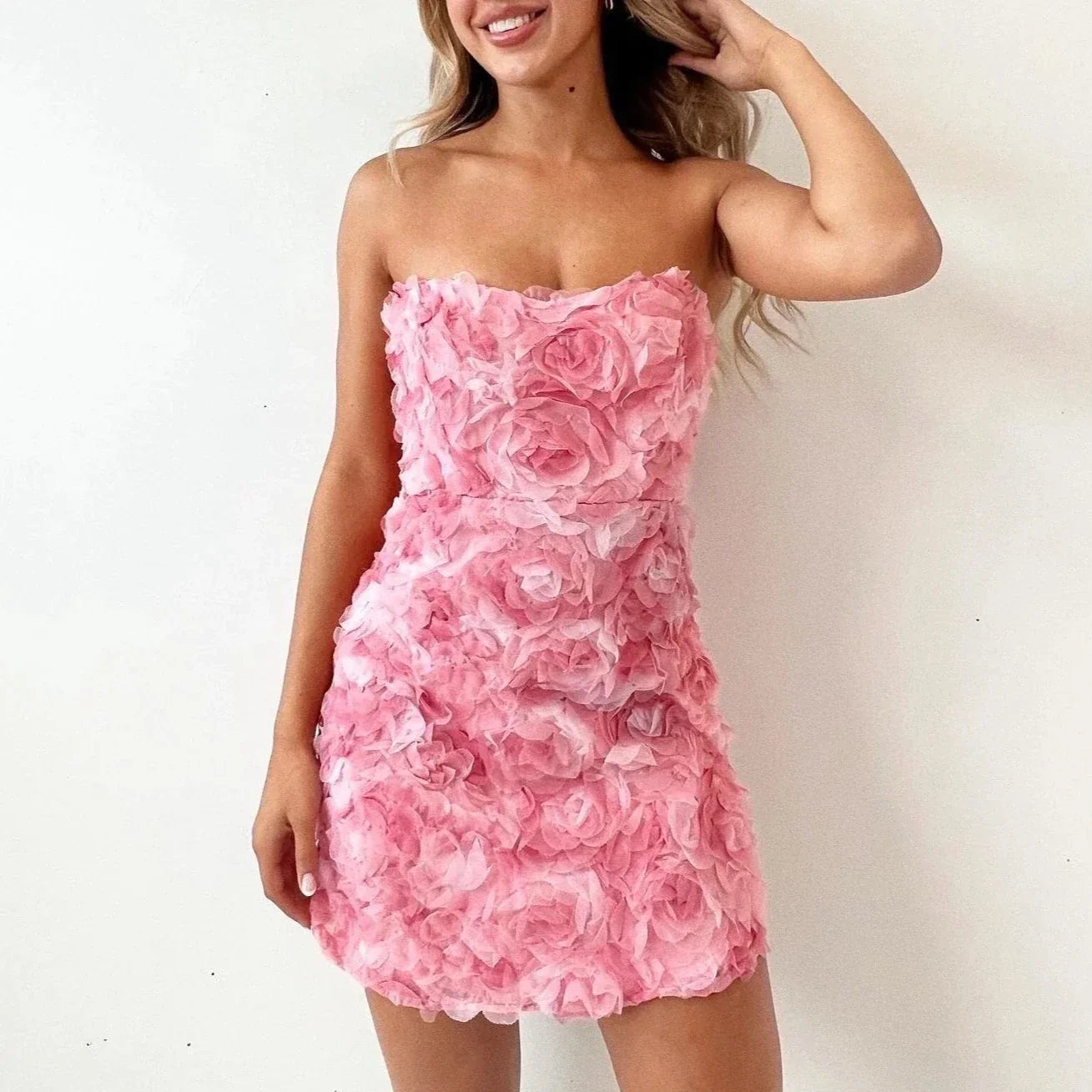Très Jolie | Strapless Jurk Dames met Bloemmotief - Romantisch, Feestklaar en Vrouwelijk - Roze