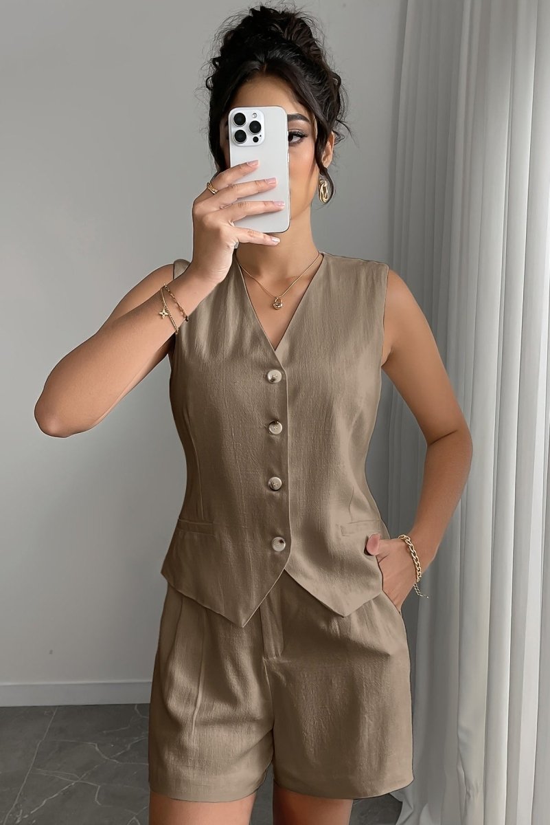 Matching Set Dames Linnen Look met Gilet Top en Shorts, Luchtig Zomer Co-ord - Natalia Vespucci
