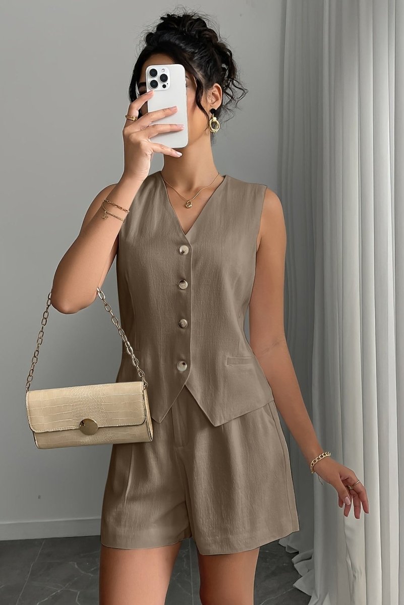 Matching Set Dames Linnen Look met Gilet Top en Shorts, Luchtig Zomer Co-ord - Natalia Vespucci