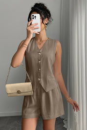 Matching Set Dames Linnen Look met Gilet Top en Shorts, Luchtig Zomer Co-ord - Natalia Vespucci