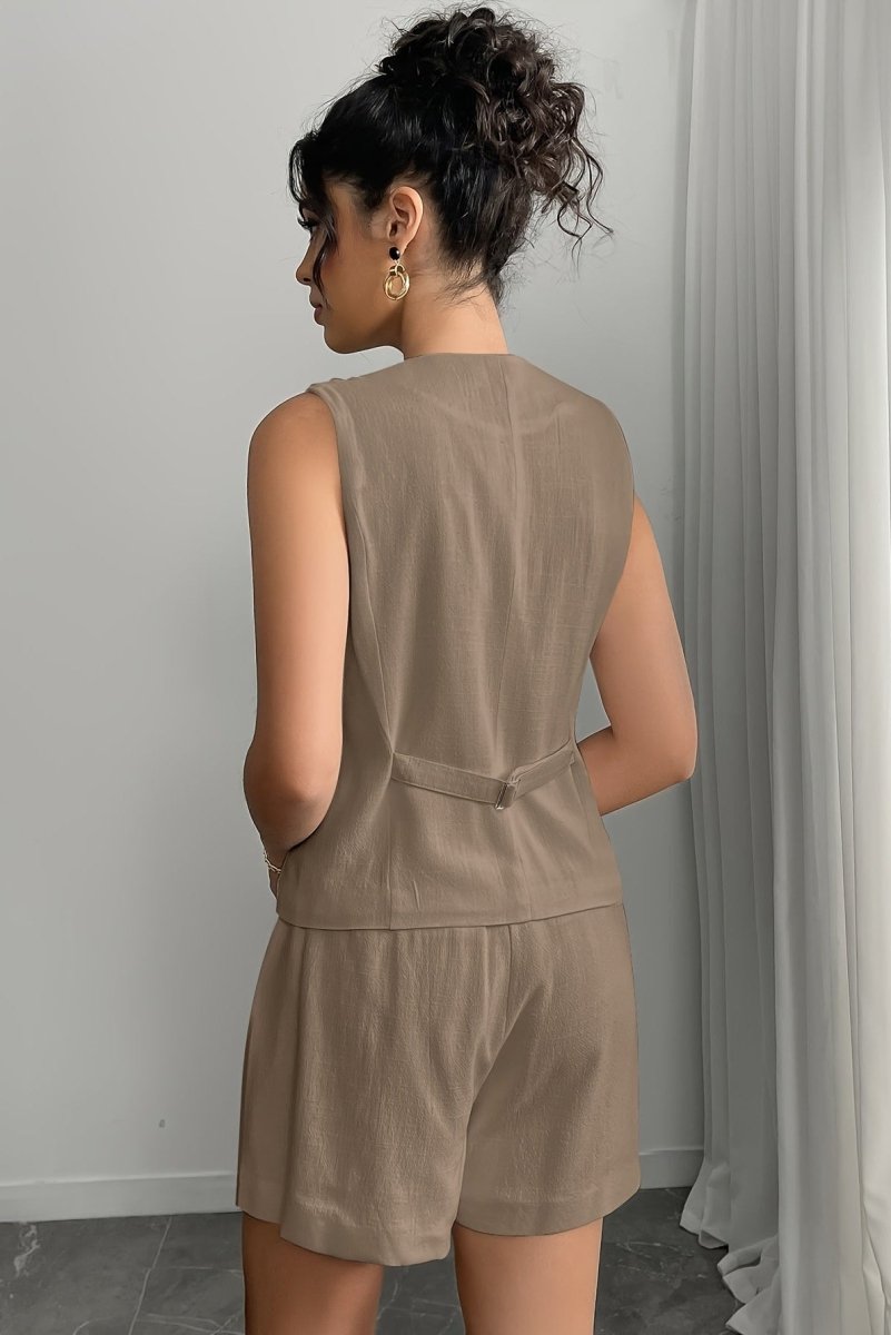 Matching Set Dames Linnen Look met Gilet Top en Shorts, Luchtig Zomer Co-ord - Natalia Vespucci