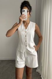 Matching Set Dames Linnen Look met Gilet Top en Shorts, Luchtig Zomer Co-ord - Natalia Vespucci