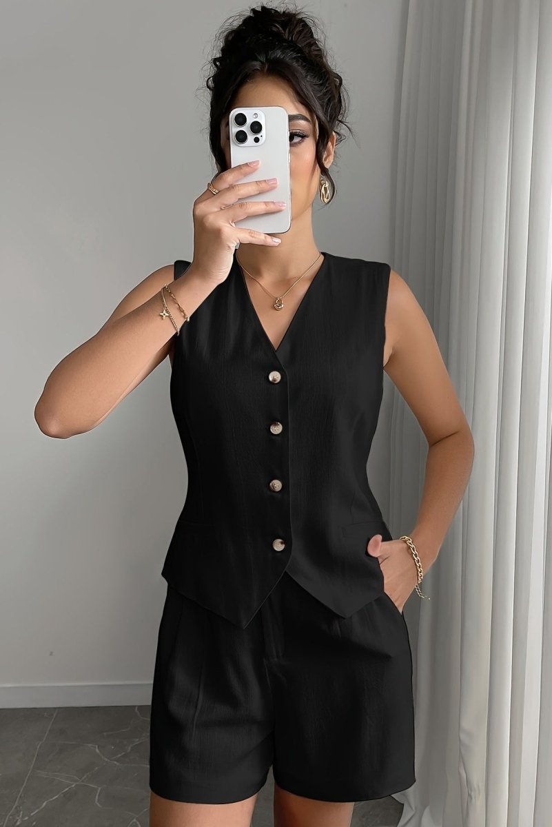 Matching Set Dames Linnen Look met Gilet Top en Shorts, Luchtig Zomer Co-ord - Natalia Vespucci