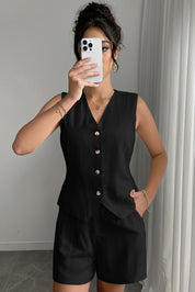 Matching Set Dames Linnen Look met Gilet Top en Shorts, Luchtig Zomer Co-ord - Natalia Vespucci