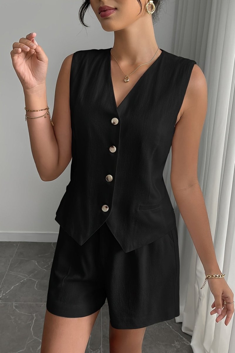 Matching Set Dames Linnen Look met Gilet Top en Shorts, Luchtig Zomer Co-ord - Natalia Vespucci