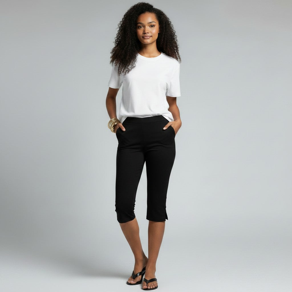 Capribroek Dames Driekwart met Hoge Taille en Steekzakken - Zwart - Maelen