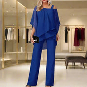 Giulia Set | Schoudervrij Damespak van Luchtig Chiffon met Elegante Broek