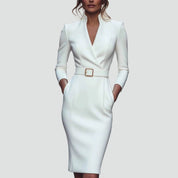 Zakelijke Midi Jurk Dames met Ceintuur en 3/4 Mouwen, Elegant en Flatterend - Leonora Bianchi