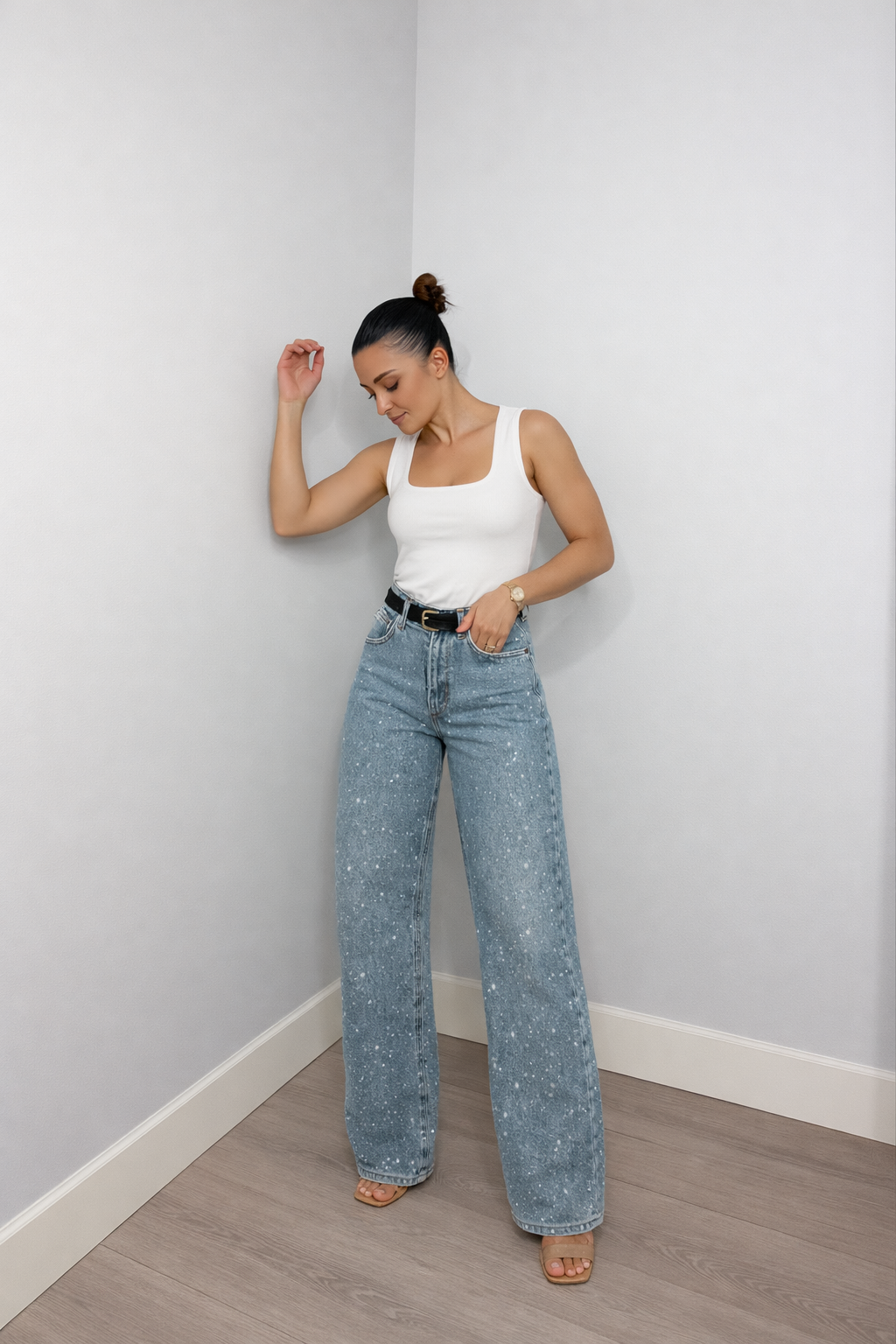 Rechte High‑Waist Jeans dames met Glitter Details - Bella Belluci