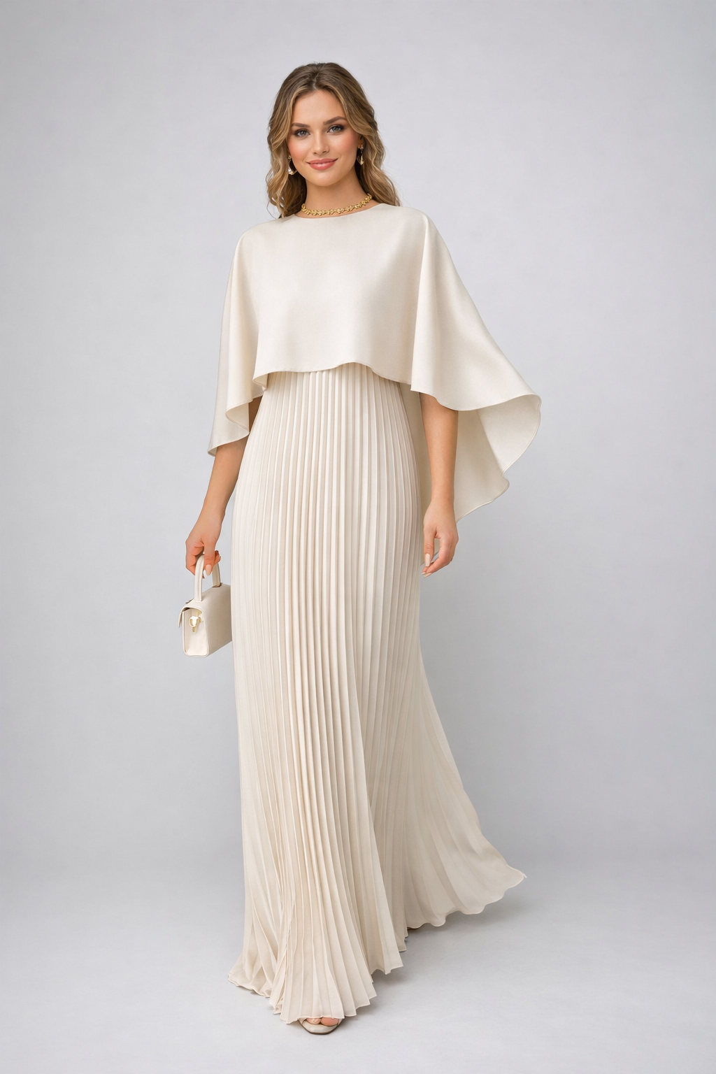 Dames Chiffon Maxi Jurk Plissé Cape Mouwen Hoge Hals Bruiloft Gast - Off-White / Zwart / Rood - Maelen