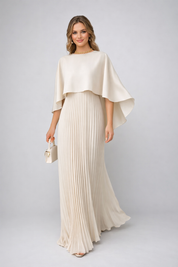 Dames Chiffon Maxi Jurk Plissé Cape Mouwen Hoge Hals Bruiloft Gast - Off-White / Zwart / Rood - Maelen
