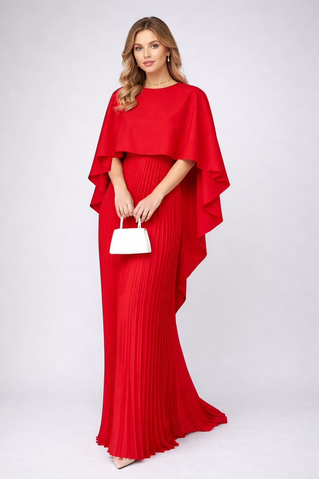 Dames Chiffon Maxi Jurk Plissé Cape Mouwen Hoge Hals Bruiloft Gast - Off-White / Zwart / Rood - Maelen
