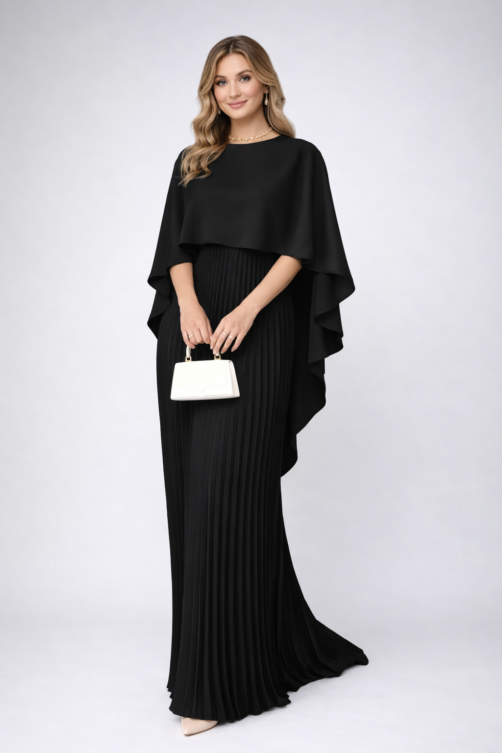 Dames Chiffon Maxi Jurk Plissé Cape Mouwen Hoge Hals Bruiloft Gast - Off-White / Zwart / Rood - Maelen