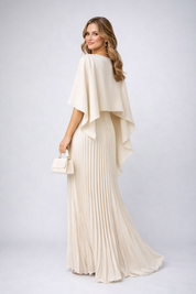 Dames Chiffon Maxi Jurk Plissé Cape Mouwen Hoge Hals Bruiloft Gast - Off-White / Zwart / Rood - Maelen