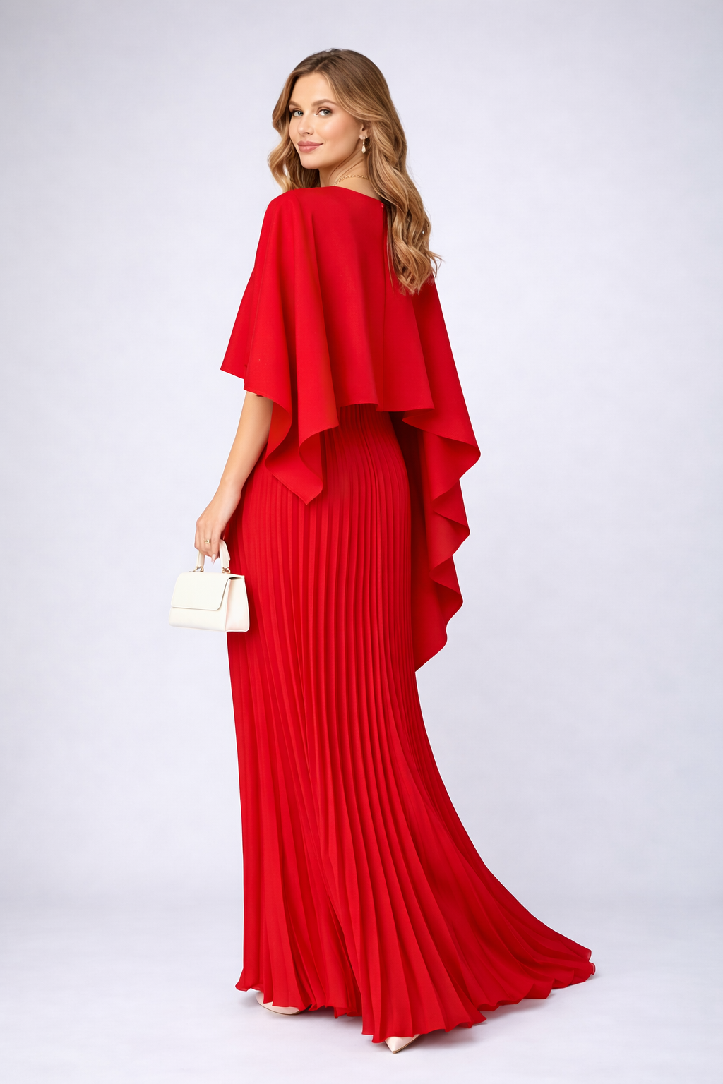 Dames Chiffon Maxi Jurk Plissé Cape Mouwen Hoge Hals Bruiloft Gast - Off-White / Zwart / Rood - Maelen