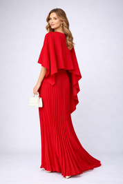 Dames Chiffon Maxi Jurk Plissé Cape Mouwen Hoge Hals Bruiloft Gast - Off-White / Zwart / Rood - Maelen