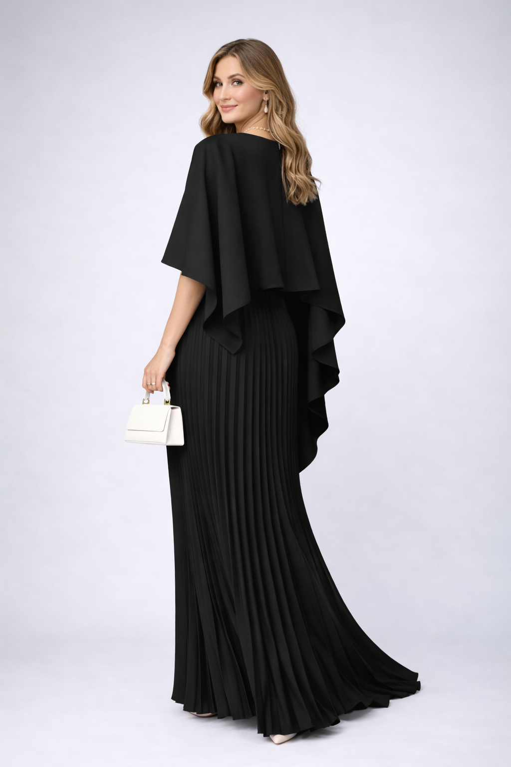 Dames Chiffon Maxi Jurk Plissé Cape Mouwen Hoge Hals Bruiloft Gast - Off-White / Zwart / Rood - Maelen