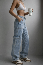Felda | Cargo Jeans Dames met Zakken - Low Rise, Straight Fit en Streetstyle - Licht Blauw