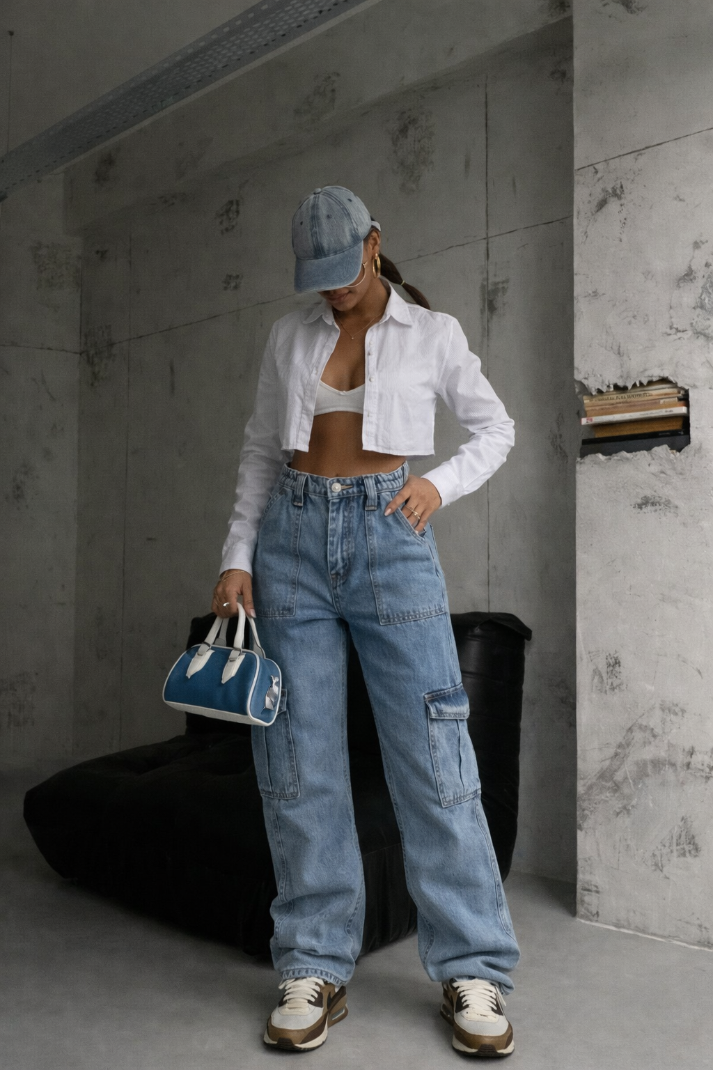 Felda | Cargo Jeans Dames met Zakken - Low Rise, Straight Fit en Streetstyle - Licht Blauw