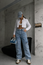 Felda | Cargo Jeans Dames met Zakken - Low Rise, Straight Fit en Streetstyle - Licht Blauw