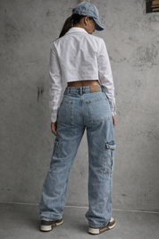 Felda | Cargo Jeans Dames met Zakken - Low Rise, Straight Fit en Streetstyle - Licht Blauw