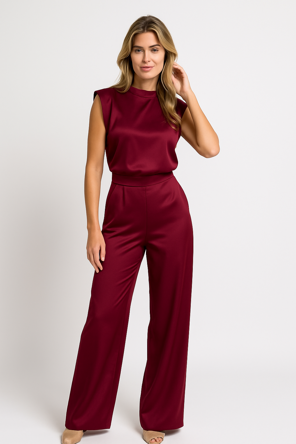 Alessia Montelli Dames Jumpsuit – Satijnlook met Open Rug & Wijde Pijpen