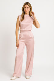 Alessia Montelli Dames Jumpsuit – Satijnlook met Open Rug & Wijde Pijpen