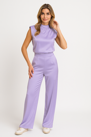 Alessia Montelli Dames Jumpsuit – Satijnlook met Open Rug & Wijde Pijpen