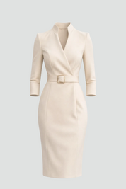 Zakelijke Midi Jurk Dames met Ceintuur en 3/4 Mouwen, Elegant en Flatterend - Leonora Bianchi