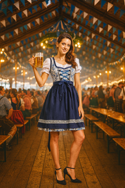 Christy Dirndl Jurk | Blauwe Oktoberfest-jurk met Kanten Details en Bijpassend Schort