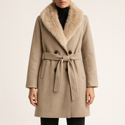 Amalia Lange dames winterjas – witte wollen jas met bontkraag en ceintuur