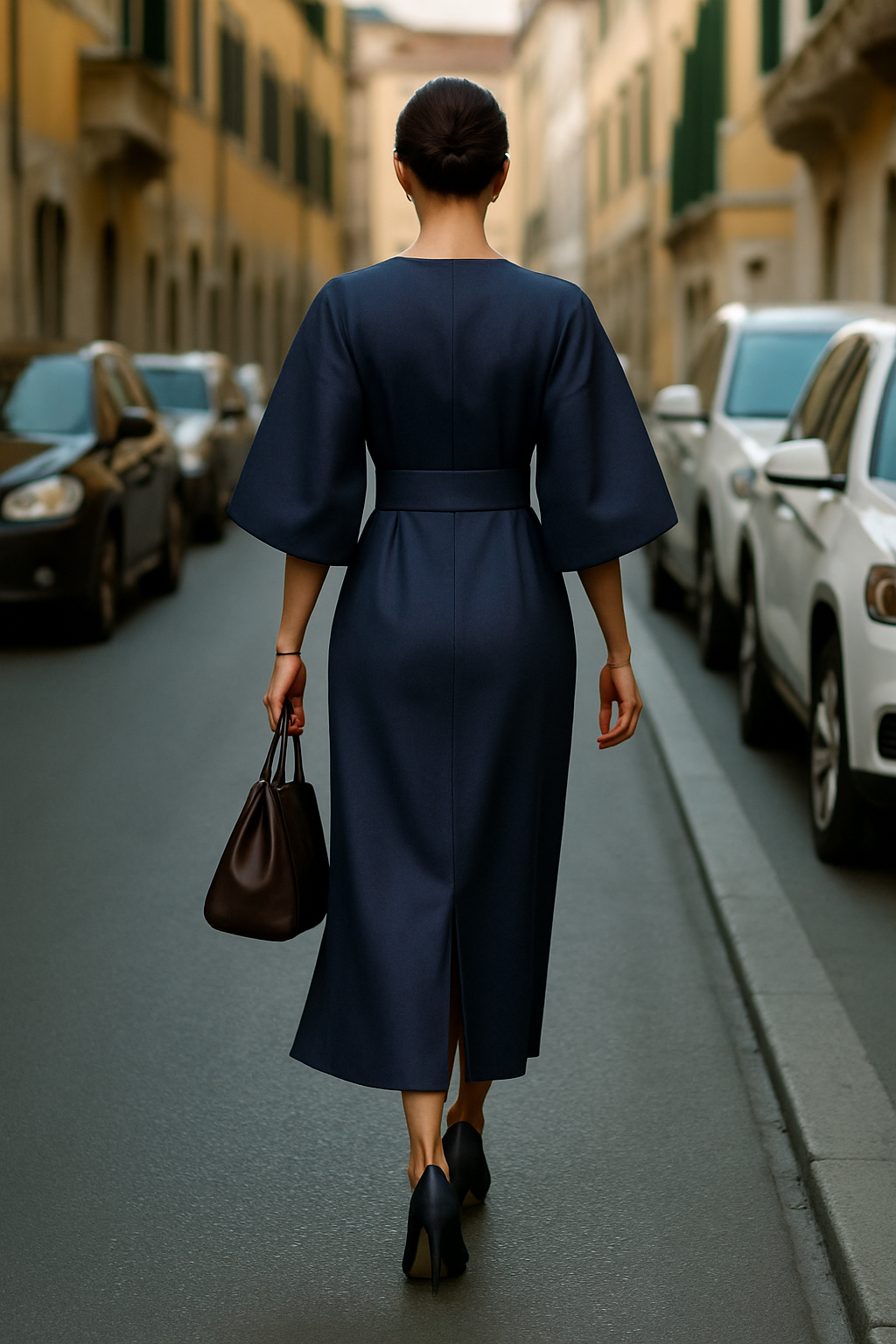Dames Midi Jurk Wijde Mouwen Tailleband Gedrapeerd Aansluitend - Zwart / Marineblauw / Beige - Maelen