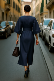 Dames Midi Jurk Wijde Mouwen Tailleband Gedrapeerd Aansluitend - Zwart / Marineblauw / Beige - Maelen