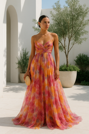 Amira Jurk | Flowy Jurk met Bloemenprint, Open Rug en Drapage